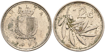 Мальта 2 цента 1991 оливковая ветвь KM 94 медно-никель 4585-1262