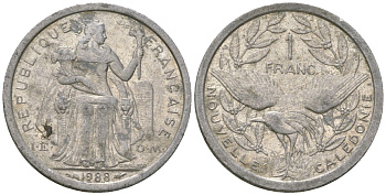 Французская Новая Каледония 1 франк 1988 птица кагу, (IEOM) KM 10, Schoen 10, Lec 48 алюминий 53-431