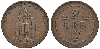 Швеция 2 эре 1884 Оскар II (1872-1907) король Швеции и Норвегии, открытая четверка KM 746 бронза 62-134