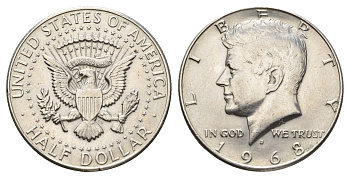 США 1/2 доллара (50 центов) 1968 D, Джон Кеннеди KM 202a серебро UNC 4672-515