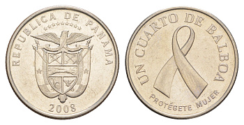 Панама 1/4 бальбоа (25 сентесимо) 2008 Рак молочной железы KM 137 медь плакированная медно-никелем UNC 4642-721