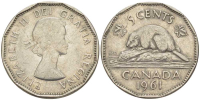 Канада 5 центов 1961 Елизавета II (1952-), бобр KM 50а никель 86-541