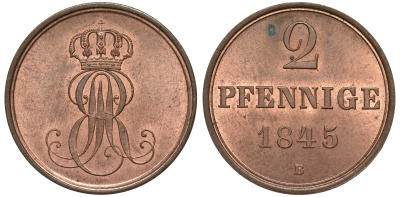 Ганновер 2 пфеннига 1845 B, Эрнст Август (1837-1851) KM 202.1, AKS 124, J. 75 медь UNC 75-1831