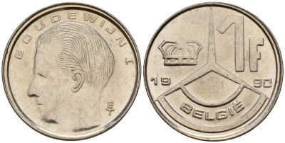 Бельгия 1 франк 1990 Belgie, Бодуэн I (1951-1993) KM 170 нержавеющая сталь 4189-923