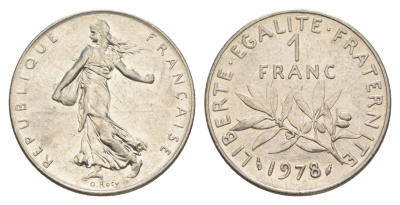 Франция 1 франк 1978 сеятель KM 925.1, Le Franc 226.23 никель 4631-535