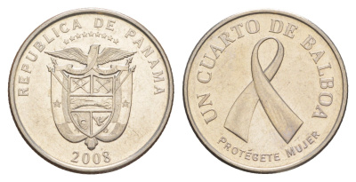 Панама 1/4 бальбоа (25 сентесимо) 2008 Рак молочной железы KM 137 медь плакированная медно-никелем UNC 4642-721