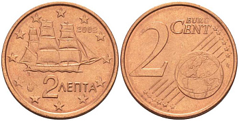 ГРЕЦИЯ 2 ЕВРОЦЕНТА 2002 KM 182 сталь плакированная медью UNC 214-343