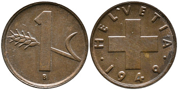 ШВЕЙЦАРИЯ 1 РАППЕН 1949 В KM 46 бронза 4528-611