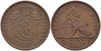 БЕЛЬГИЯ 2 САНТИМА 1905 BELGEN KM 36 медь 28-231
