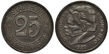 БОНН 25 ПФЕННИГОВ 1920 НОТГЕЛЬД, БЕТХОВЕН железо 1521-1523
