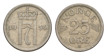 Норвегия 25 эре 1954 Хокон VII (1905-1957) KM 401 медно-никель 4632-1229