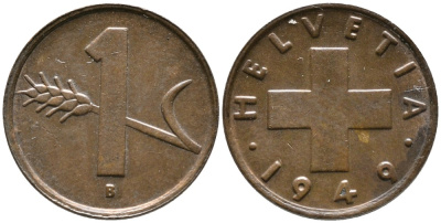 ШВЕЙЦАРИЯ 1 РАППЕН 1949 В KM 46 бронза 4528-611