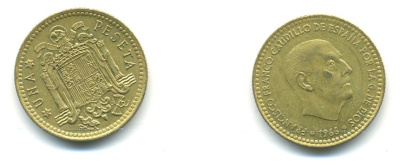 Испания 1 песета 1966 (75) Франциско Франко (1939-1975) КМ 796 алюминиевая бронза 80-1116