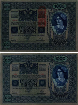 АВСТРИЯ 1000 КРОН 1919 КРАСНАЯ ВЕРТИКАЛЬНАЯ НАДПЕЧАТКА НА 1902 Pick 59 бумага аUNC 8607-4-1