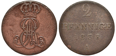 Ганновер 2 пфеннига 1838 A, Эрнст Август (1837-1851) KM 174.1, AKS 122, J. 55 медь 75-636