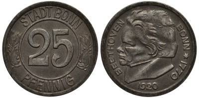 БОНН 25 ПФЕННИГОВ 1920 НОТГЕЛЬД, БЕТХОВЕН железо 1521-1523
