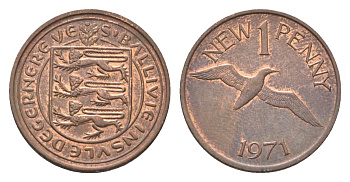 Гернси 1 новый пенни 1971 Елизавета II (1952-2022), северная олуша в полете KM 21 бронза 4702-747