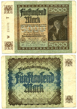 Германия 5000 марок 1922 2 ДЕКАБРЯ 1922, ВОДЯНОЙ ЗНАК Е, В ЗВЁЗДАХ G/D, ДЮРЕР Pick 81a  бумага   6300-40-2-1