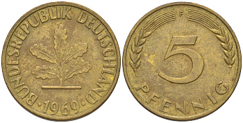 ФРГ 5 пфеннигов 1969 F KM 107, J. 382 сталь плакированная латунью 4514-523