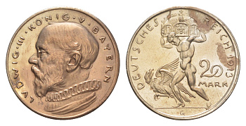 Бавария 20 марок 1913 проба, Людвиг III (1913-1918) KM M5 серебро плакированная медью 1526-1035