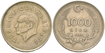Турция 1000 лир 1990 Мустафа Кемаль Ататюрк KM 997 медь цинк никель 4582-1231
