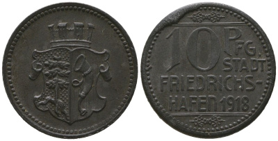 Фридрихсхафен (Федеральная земля Вюртемберг) 10 пфеннигов 1918 Funck 142.1, Men18 10382.1 железо aUNC 4601-626