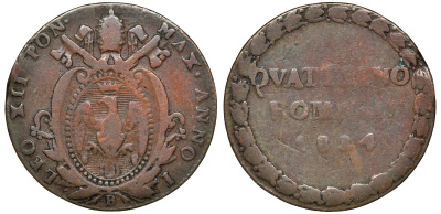 Италия, папская область 1 кватрино 1824 B, Лев XII KM 1294.1 медь 00-00