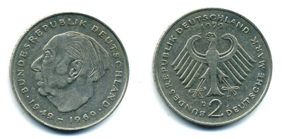 ФРГ 2 МАРКИ 1979 D, ТЕОДОР ХОЙС KM 127, J. 407 медно-никель плакированный никелем плакированный никелем 25-1911