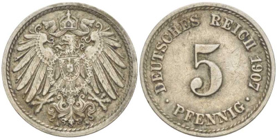 ГЕРМАНИЯ 5 ПФЕННИГОВ 1907 А KM 11, J. 12 медно-никель 206-1221