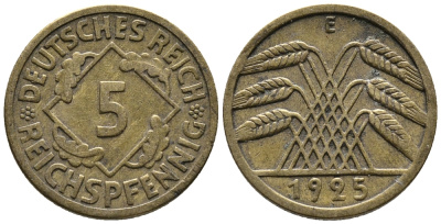ГЕРМАНИЯ 5 РЕЙХСПФЕННИГОВ 1925 E KM 39, J. 316 алюминиевая бронза 39-555