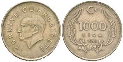 Турция 1000 лир 1990 Мустафа Кемаль Ататюрк KM 997 медь цинк никель 4582-1231