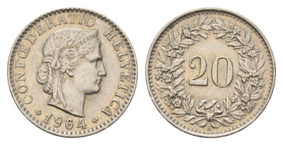 Швейцария 20 раппенов 1964 KM 29a медно-никель 4685-267