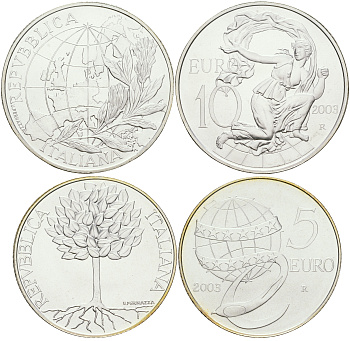 Италия 5 и 10 евро 2003 объединенная Европа серебро UNC 7-5-4-03