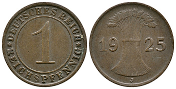 ГЕРМАНИЯ 1 РЕЙХСПФЕННИГ 1925 J KM 37, J. 313 бронза 4380-1139