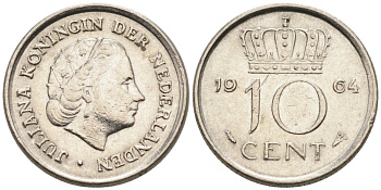 Нидерланды 10 центов 1964 Юлиана (1949-1980) КМ 182 никель 4567-554