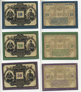 Австрия набор из 3 банкнот 1920 23 мая 1920-31 октября 1920, нотгельд, 10, 20, 50 геллеров, ST. MARIENKIRCHEN an der HAFTEZ   бумага  aUNC  7555-2-3-2