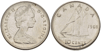 КАНАДА 10 ЦЕНТОВ 1968 ЕЛИЗАВЕТА II, ПАРУСНИК KM 73 никель 66-347