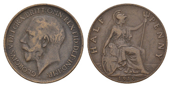 Великобритания 1/2 пенни 1919 Георг V (1910-1936) KM 809, Spink 4056 бронза 4657-627