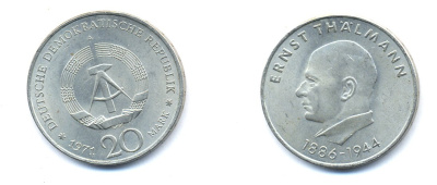 ГДР 20 марок 1971 A, 85 лет со дня рождения Эрнста Тельмана KM 34, J. 1535 медно-никель 3333-513