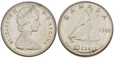 КАНАДА 10 ЦЕНТОВ 1968 ЕЛИЗАВЕТА II, ПАРУСНИК KM 73 никель 66-347