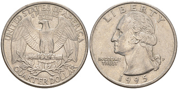 США 25 центов (квотер) 1995 Р, Вашингтон KM A164a медь плакированная медно-никелем 4114-936