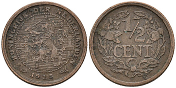 Нидерланды 1/2 цента 1915 Вильгельмина (1890-1948) KM 138 бронза 4576-359