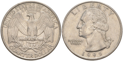 США 25 центов (квотер) 1995 Р, Вашингтон KM A164a медь плакированная медно-никелем 4114-936