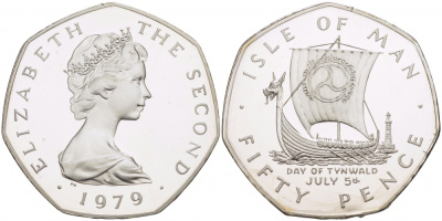Остров Мэн 50 пенсов 1979 корабль викингов, 5 ИЮЛЯ ДЕНЬ МЭНСКОГО ПАРЛАМЕНТА KM 51a серебро PROOF 00-00