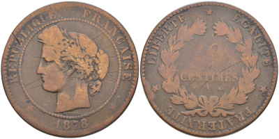 ФРАНЦИЯ 10 САНТИМОВ 1878 A, ТРЕТЬЯ РЕСПУБЛИКА (1871-1940) KM 815.1, LA FRANC 135.20 бронза 114-1222