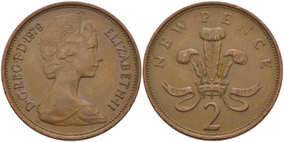 Великобритания 2 пенса 1979 Елизавета II (1952-2022) KM 916, Spink 4235 (C1) бронза 28-311