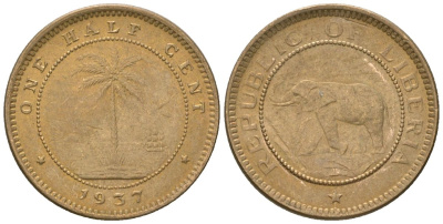 Либерия 1/2 цента 1937 KM 10 латунь aUNC 4594-467