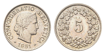 Швейцария 5 раппенов 1951 B KM 26 медно-никель 4705-1244