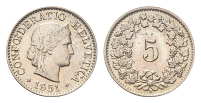 Швейцария 5 раппенов 1951 B KM 26 медно-никель 4705-1244