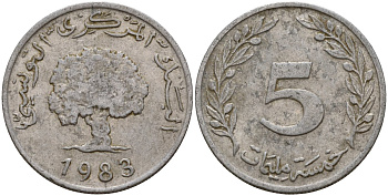 Тунис 5 миллимов 1983 KM 282 алюминий 4159-644